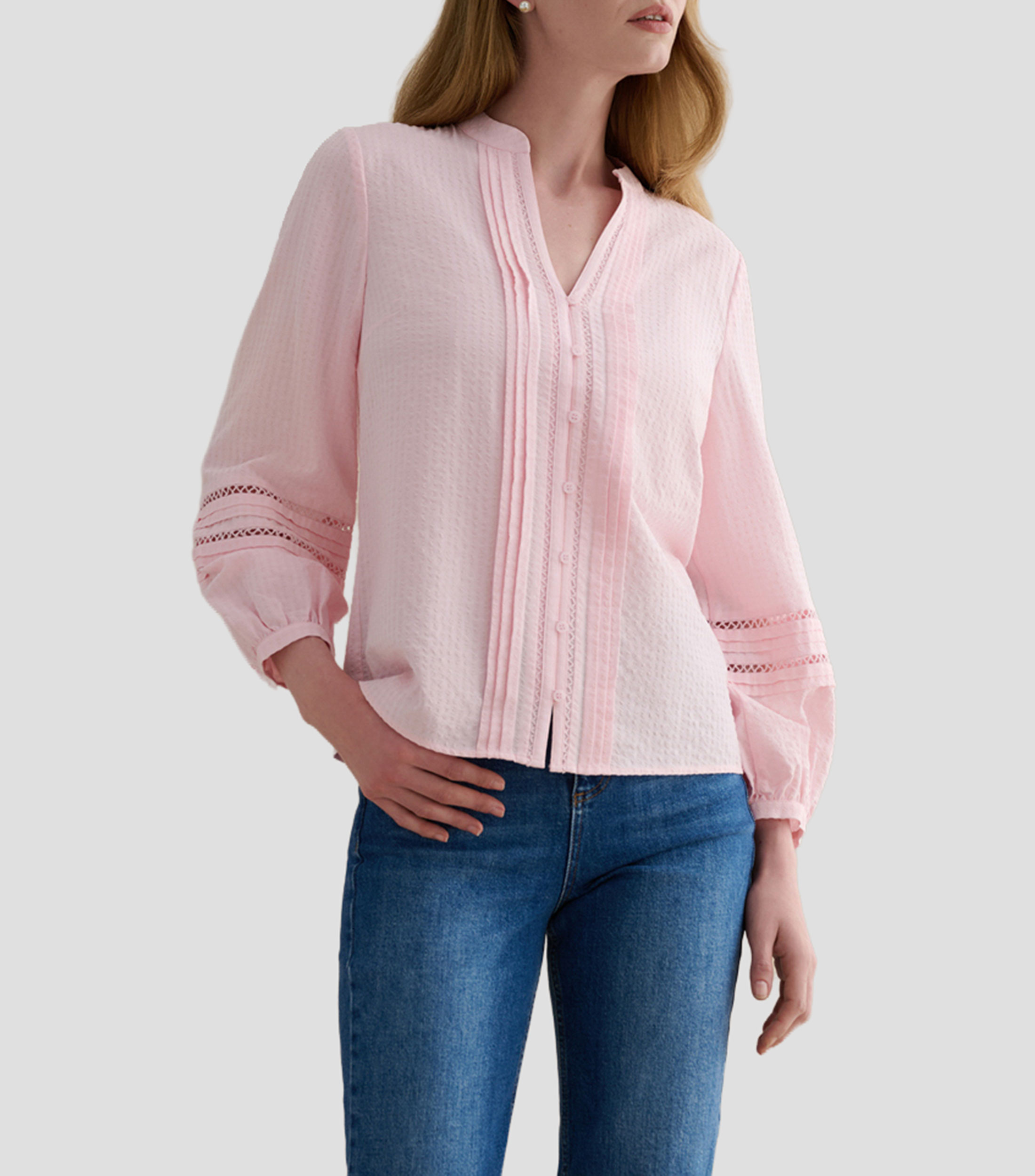 Blusa con microdiseños manga larga Mujer